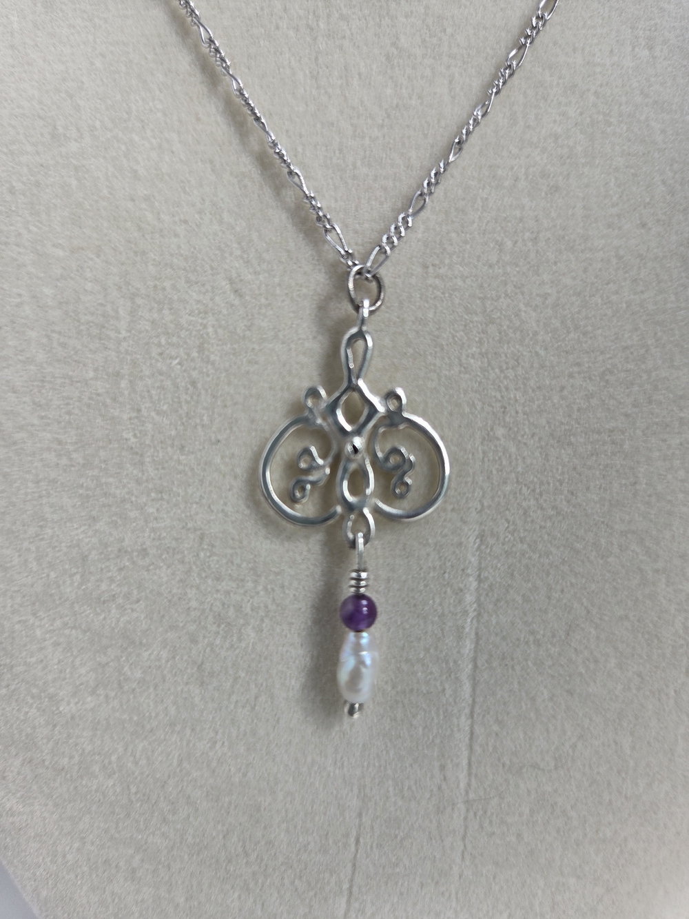 Sterling Silver Filigree Pendant Necklace with Purple and Pearl Accent